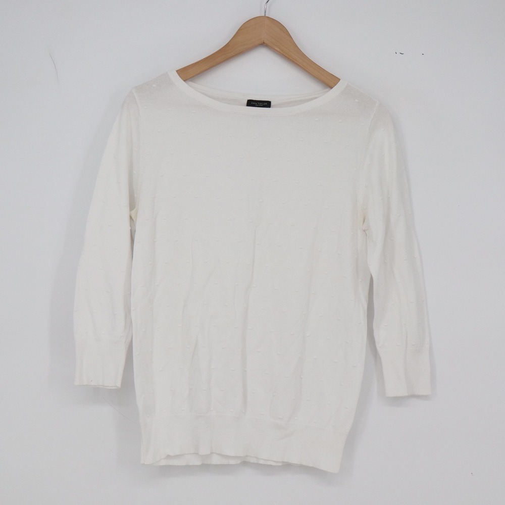 Ann Taylor Factory Sweater Womens L 3/4 Sleeve Textured Dot White Knit Excellent